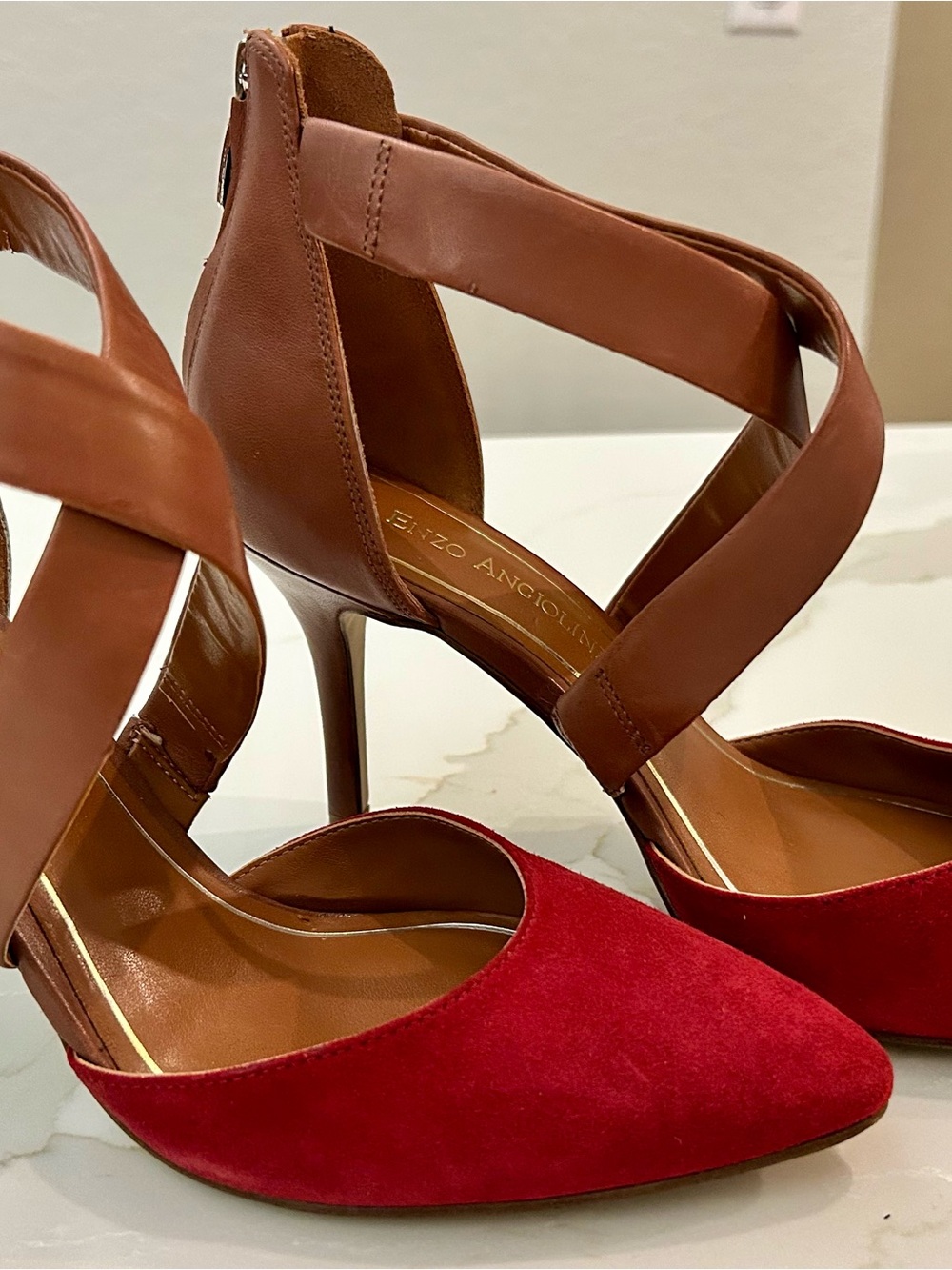 Suede Red Pointed-Toe Pumps with Brown Ankle Straps
